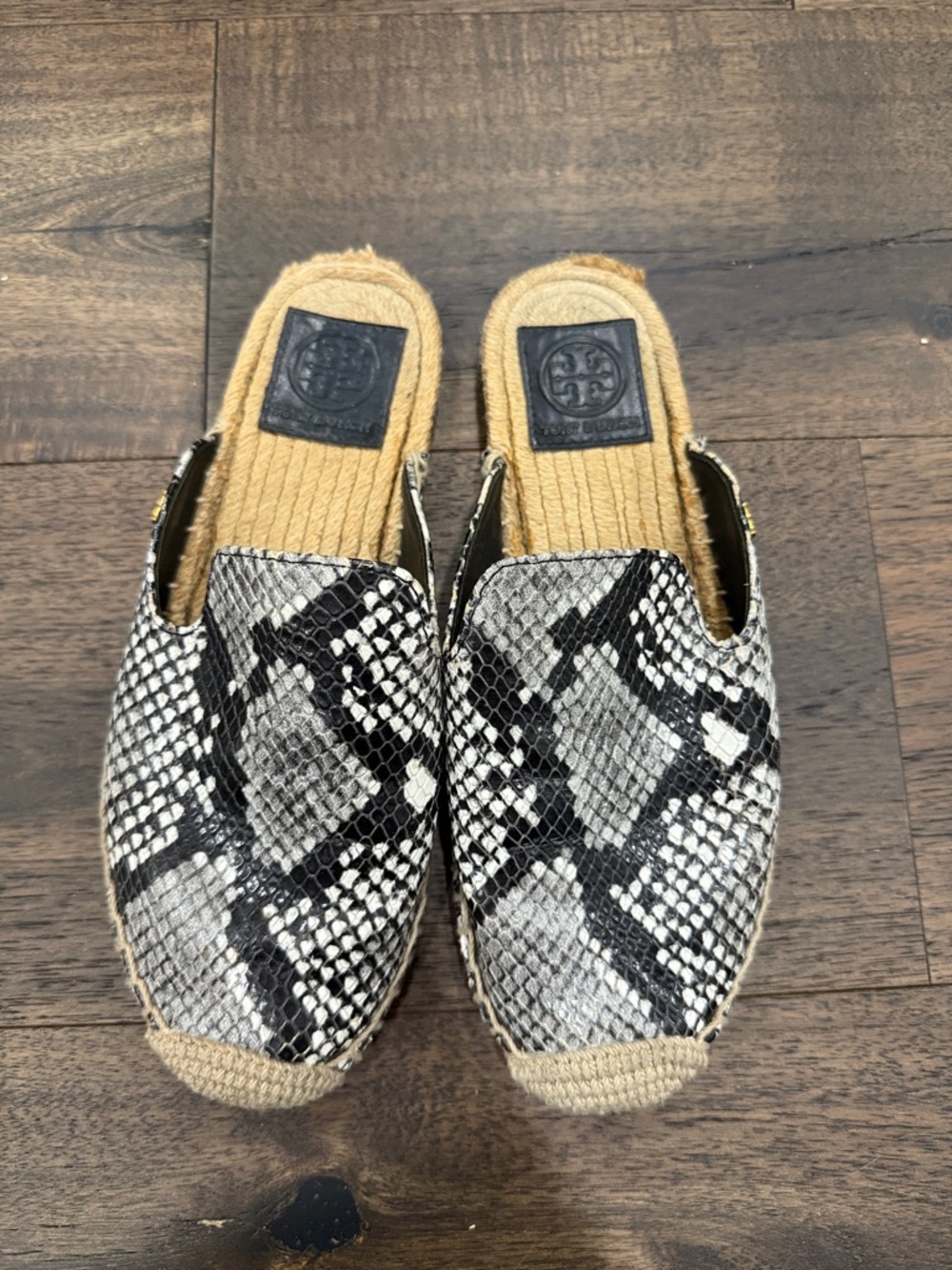 Tory Burch Black & White Snake-Print Espadrille Mules